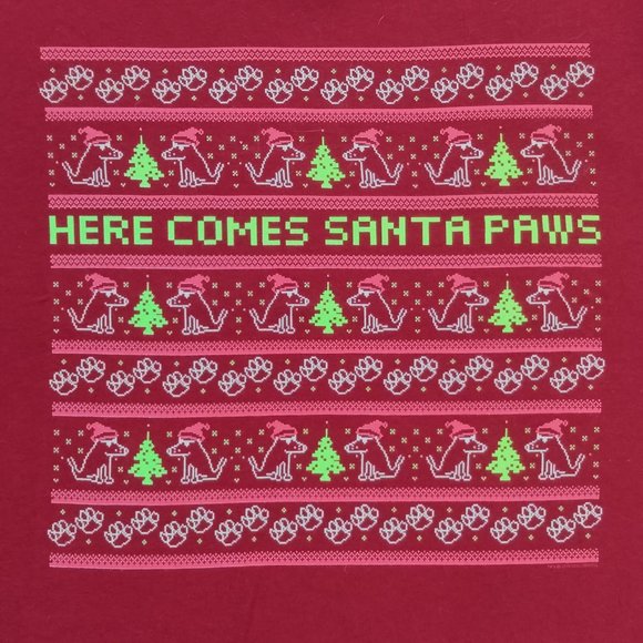 Here Comes Santa Paws LARGE Ladies V-neck RED Short Sleeve Christmas Tee NEW - Picture 2 of 6